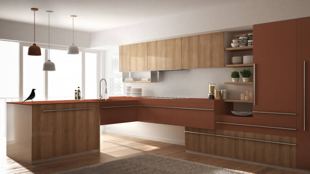 istock Modern minimalistic wooden kitchen with parquet floor, carpet and panoramic window, white and red architecture interior design 1766428652