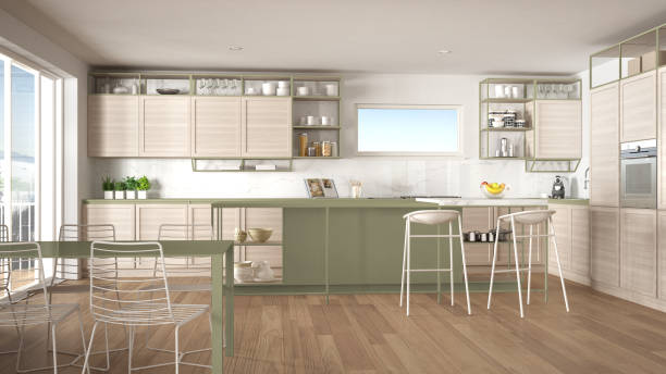 istock Penthouse minimalist kitchen interior design, lounge with sofa and carpet, dining table, island with stools, parquet. Modern contemporary white and green architecture concept 1766428677