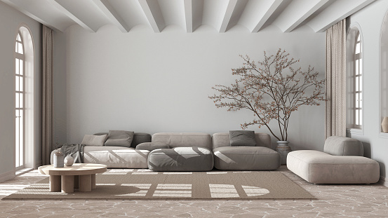 Scandinavian nordic living room in white and beige tones. Velvet sofa with carpet, vaulted ceiling and stone floor. Minimal interior design