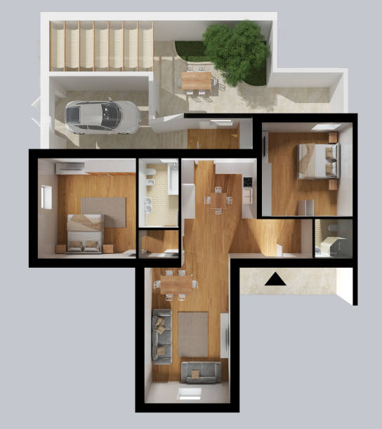 istock Apartment flat top view, furniture and decors, plan, cross section interior design, architect designer concept idea, white background 1766429210