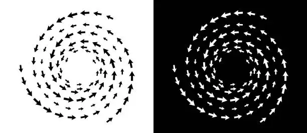 Vector illustration of Abstract background with arrows in circle. Art design spiral as logo or icon. A black figure on a white background and an equally white figure on the black side.