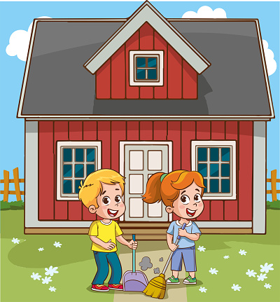 Two kids in front of the house with shovel and rake illustration.