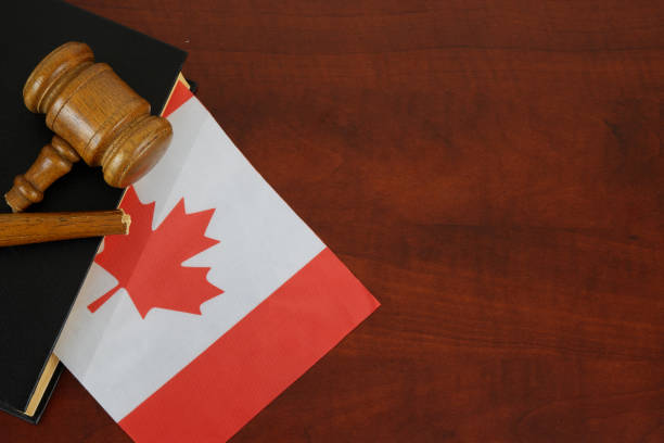 marteau cassé et livre juridique avec le drapeau du canada sur une table en bois. - canadian flag flag trial justice photos et images de collection