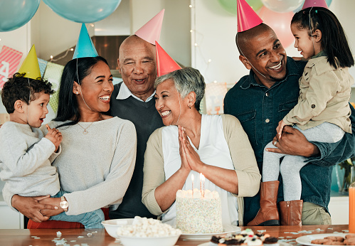Happy birthday, grandma or big family in home for celebration, bond or growth together. Smile, hat or excited grandparents with cake, love or children siblings in a fun house party or special event