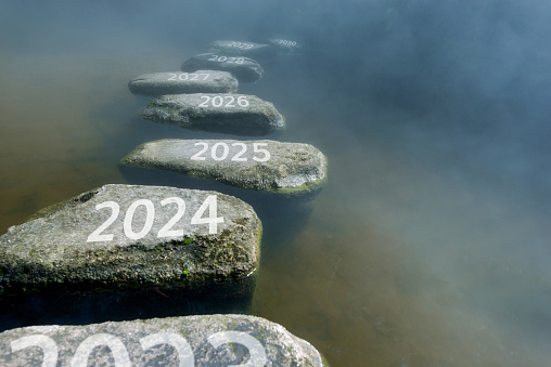 Number 2023, 2024 to 2025 on stepping stones