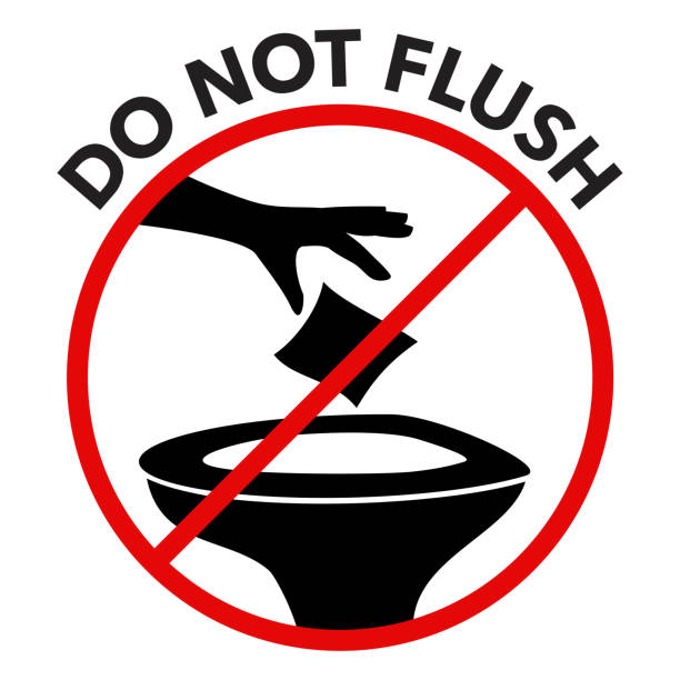 Do Not Flush - Hand Throwing Toilet Paper Do Not Flush flat circle sticker - Strikethrough hand Throwing Paper in Toilet Pan throwing in the towel illustrations stock illustrations