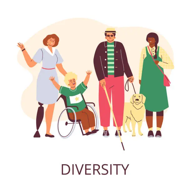 Vector illustration of Different happy disabled people flat style, vector illustration