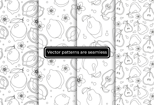 Set of seamless coloring patterns with pear, lemon, lime, quince, flowers, circles on white background. Patterns are suitable for children's coloring, print design of T-shirts, notepad, album