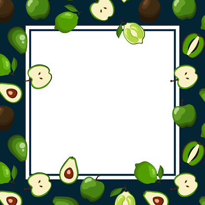 Square background for post, poster with an empty white center for text or photo, frame with green fruits ion edges. In post, pattern with avocados, apples, kiwis, limes on blue background