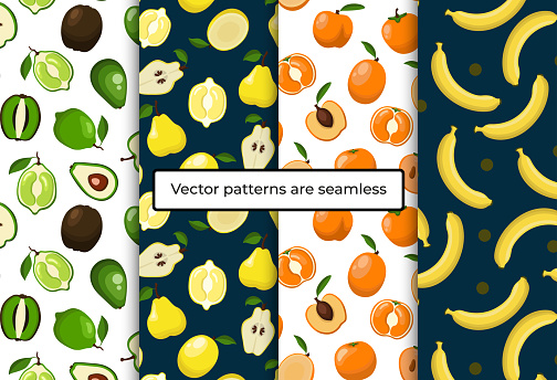 Set of seamless patterns with fruits, apples, avocado, lime, kiwi, pears, orange, quince, mango, bananas, leaves, circles on blue and light background. Patterns are suitable for fabric, print design of T-shirts, notebooks