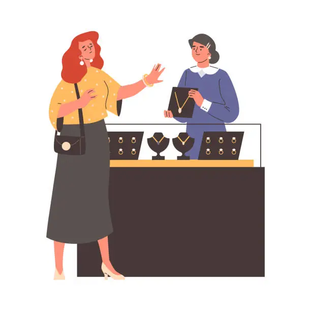 Vector illustration of Woman in jewelry shop chooses jewelry, client and cashier in front of counter with chains and bracelet vector illustration