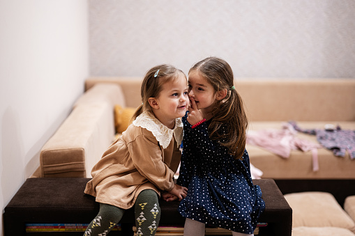 Two sisters sit on the sofa and tell and share girlish secrets with each other.