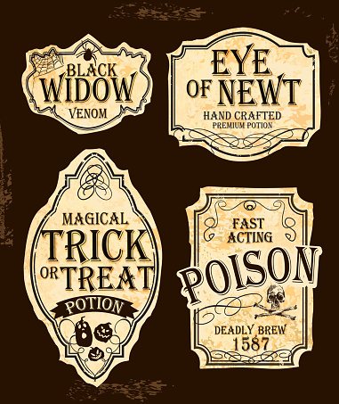 Vector Halloween labels in old fashioned style designs. Includes text design that read 'Black Widow Venom', Eye of Newt Hand crafted Premium Potion, Magical Trick or Treat Potion, Fast Acting Poision - Deadly Brew 1587. Download includes Illustrator 10 eps, high resolution jpg and png file.