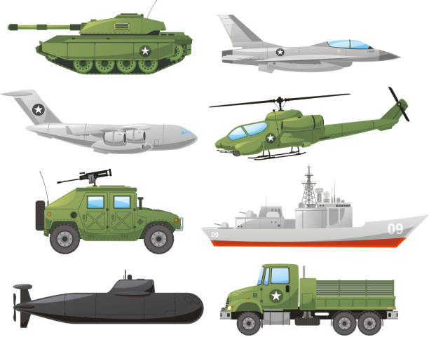 War Vehicles War Vehicles, with tank, war plane, war air craft, war missile air craft, helicopter, transporter, ship, war ship, war submarine, war cargo truck. Vector illustration. indigo truck stock illustrations