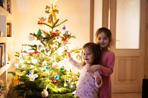 Two sisters together near Christmas tree at evening home.