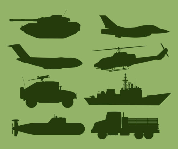 War Vehicles Silhouette War Vehicles Silhouette, with Medium Tank, Personnel Carrier, Multiple Gun Motor Carriage, Cargo Truck, Armored Car, Tank, helicopter, submarine, plane. Vector illustration. indigo truck stock illustrations