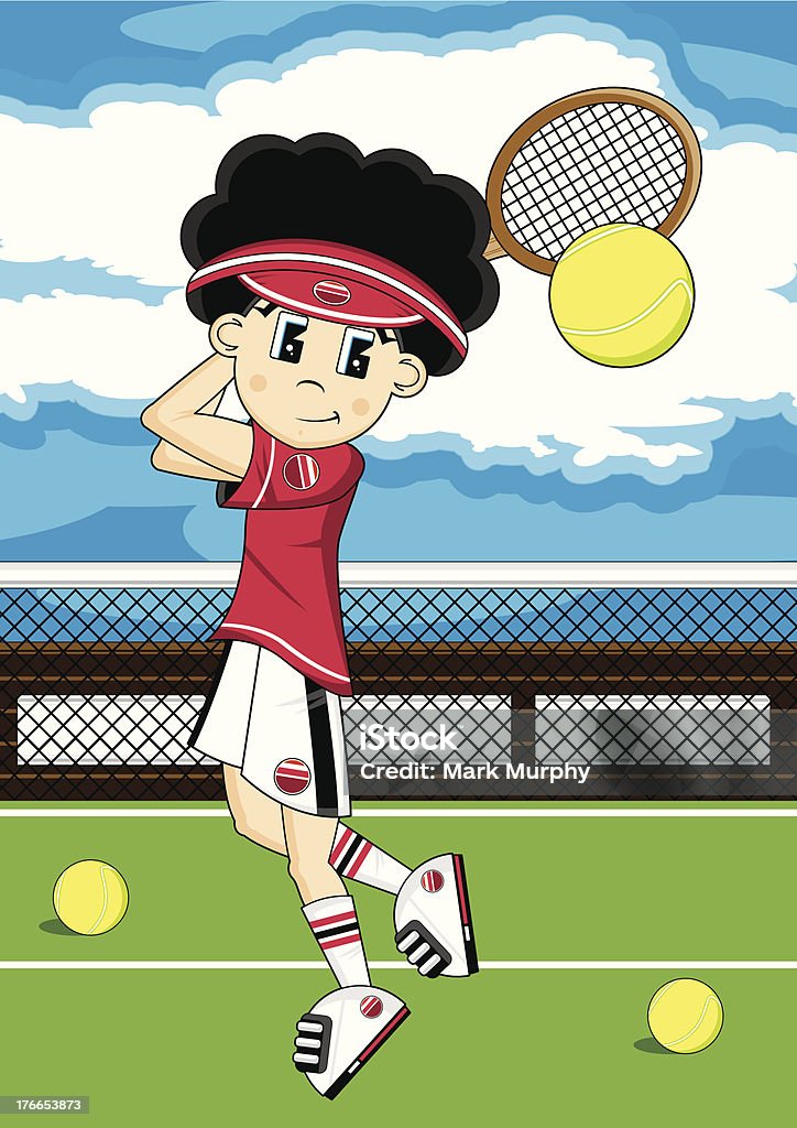 Fumetto di ragazzo di Tennis scena - arte vettoriale royalty-free di Abbigliamento casual