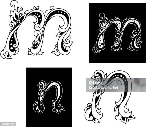 Две Буквы M И N В Стиле С Цветочным Рисунком — стоковая векторная графика и другие изображения на тему Алфавит - Алфавит, Без людей, Буква M