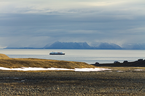 Beautiful landscape with a cruise ship in the background, Svalbard