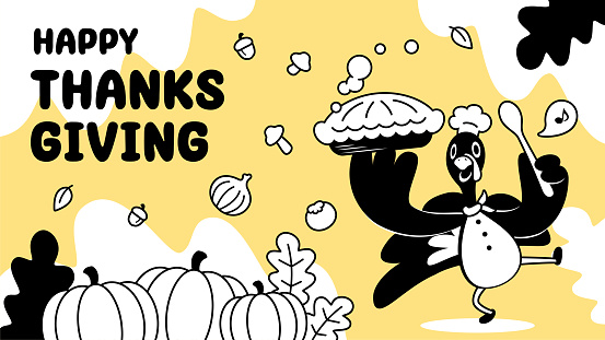 Thanksgiving characters vector art illustration.
A cute turkey chef bakes a pumpkin pie and prepares many ingredients for a Thanksgiving meal.
Characters are painted in black and white with outlines, and the background is a comfortable and soft light yellow color.