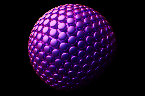 3D illustration of a   purple  sphere  with many faces, crystals scatter   on a black  background.  Cyber ball sphere