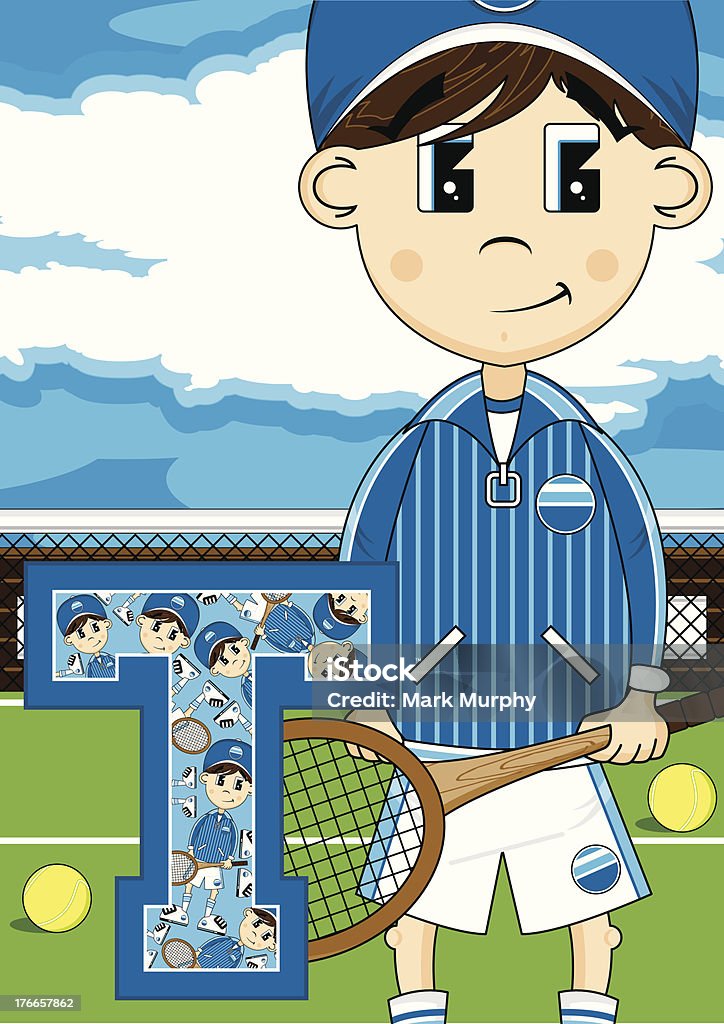 Ragazzo di Tennis apprendimento Lettera T - arte vettoriale royalty-free di Abbigliamento casual
