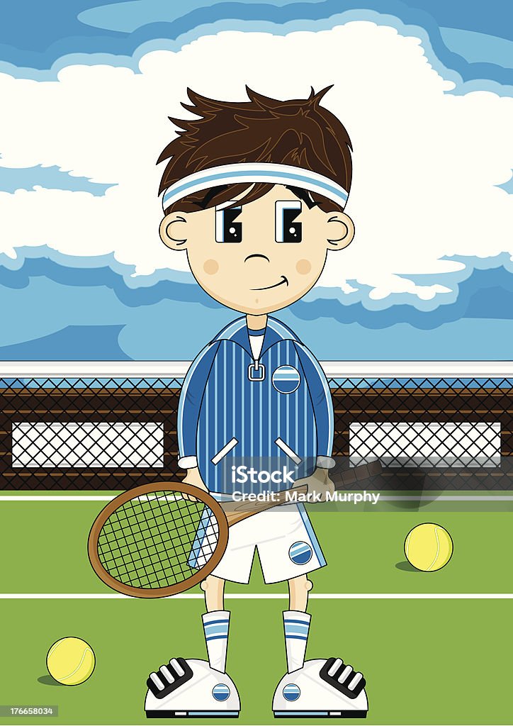 Carino ragazzo di Tennis sul campo - arte vettoriale royalty-free di Abbigliamento casual