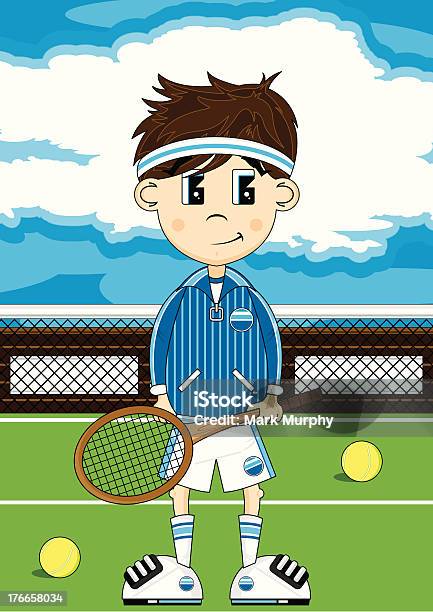 Carino Ragazzo Di Tennis Sul Campo - Immagini vettoriali stock e altre immagini di Abbigliamento casual - Abbigliamento casual, Abbigliamento sportivo, Campo sportivo