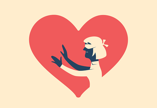vector illustration of blindfolded woman searching inside heart