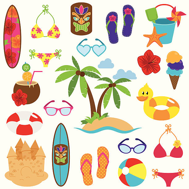 ilustraciones, imágenes clip art, dibujos animados e iconos de stock de colección de vectores de vacaciones en la playa y los objetos temáticos - cubo y pala
