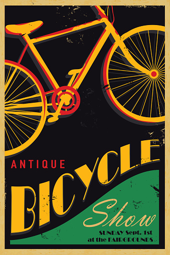 Vector illustration of an antique bicycle show poster in vintage poster style. Bold colours and slight texture to appear worn. Easy to customize with separate layers.