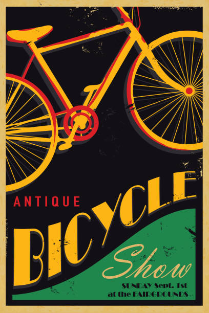 Antique bicycle poster design template Vector illustration of an antique bicycle show poster in vintage poster style. Bold colours and slight texture to appear worn. Easy to customize with separate layers. retro bicycle stock illustrations