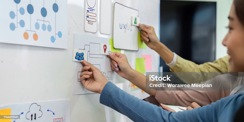 Developer Team Brainstorming Ui And Ux Designs For Mobile App On Paper ...