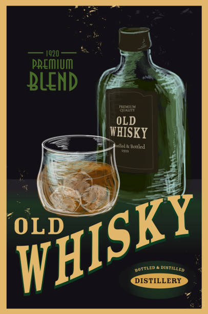 ilustrações de stock, clip art, desenhos animados e ícones de antigo cartaz de publicidade whiskey - whisky ice cube glass alcohol