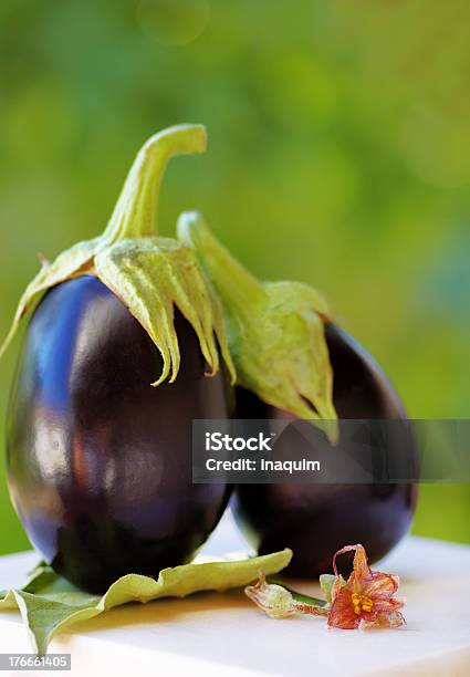 Dos Negros Eggplants En La Tabla Fondo Verde Foto de stock y más banco de imágenes de Alimento - Alimento, Antioxidante, Berenjena - Vegetal