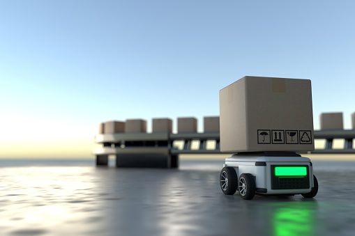 Truck and Arm Robot AI manufacture Box product Object for manufacturing industry technology Product export and import of future For Products, food, cosmetics, apparel warehouse mechanical future technology