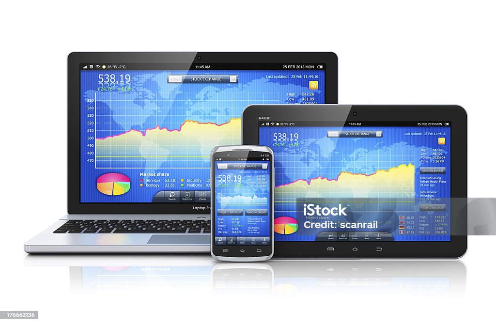 Financial management on mobile devices Stock exchange market trading, banking and financial business accounting concept: modern metal laptop notebook, tablet computer PC and touchscreen smartphone with stock market application software isolated on white background with reflection effect Cut Out Stock Photo