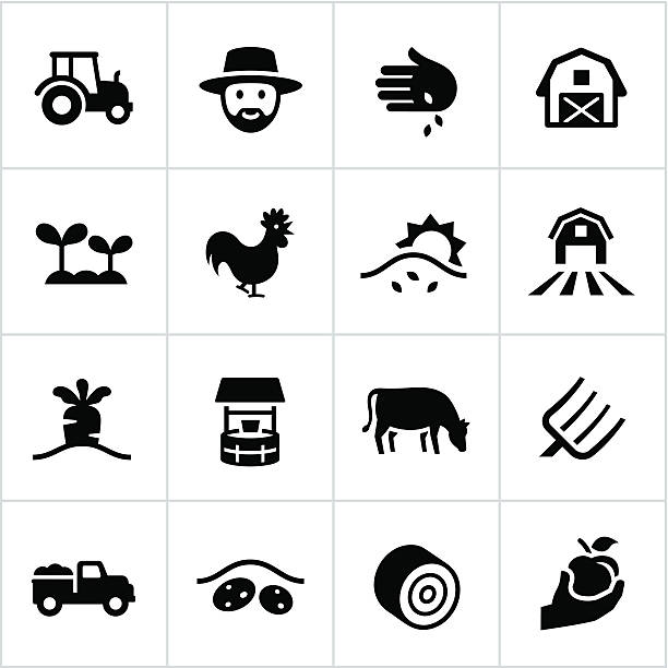Black Farming Icons Farming and agriculture icons. All white strokes/shapes are cut from the icons and merged allowing the background to show through. farmer icons stock illustrations