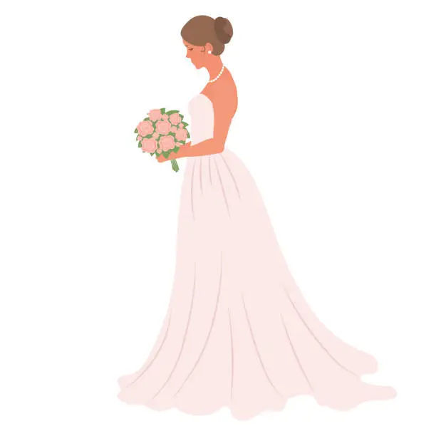 Vector illustration of Bride in a wedding dress with a bouquet of flowers on a white background. Luxury wedding illustration, template for invitation