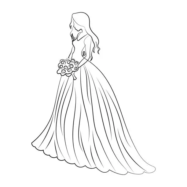 Vector illustration of Bride in a wedding dress with a bouquet of flowers on a white background. Line art, sketch, contour drawing