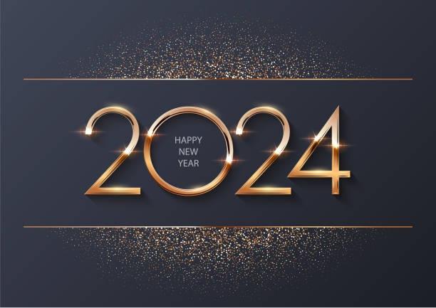 회색 배경에 반짝이가 있는 빛나는 황금빛 새로운 2024년 숫자. 축제 겨울 휴일 메리 크리스마스 장식입니다. 벡터, 2024, 새해, 그림 - happy new year 2024 stock illustrations