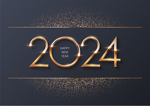 Glowing shiny golden new 2024 year numbers with glitter on gray background. Festive winter holiday merry Christmas decoration. Vector 2024 New Year illustration.