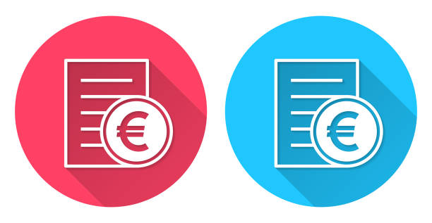 Bill or invoice in euros. Round icon with long shadow on red or blue background Icons of "Bill or invoice in euros" with long shadow style on colored circle buttons. Two icon versions included in the bundle: - One white icon on a pink / red circle button. - One white icon on a blue circle button. Vector Illustration (EPS file, well layered and grouped). Easy to edit, manipulate, resize or colorize. Vector and Jpeg file of different sizes. invoice pad stock illustrations