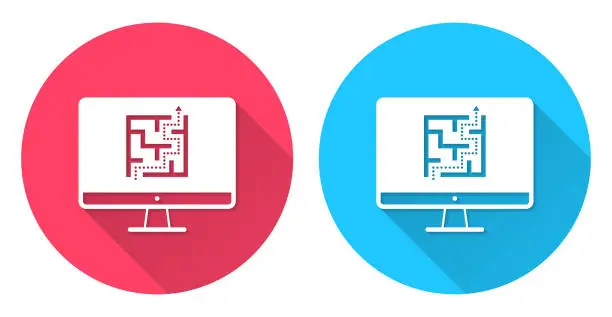 Vector illustration of Desktop computer with maze. Round icon with long shadow on red or blue background