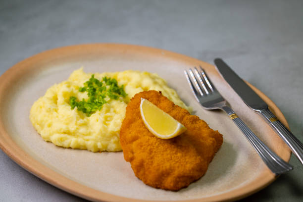Typical Czech cuisine chicken cutlet with mashed potatoes