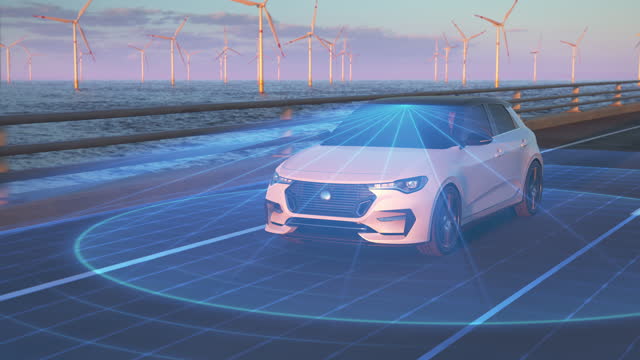 autonomous self-driving generic electric car sensor scanning the road – top