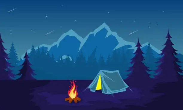 Vector illustration of illustration of camping at night at pine tree forest
