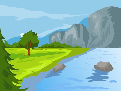 landscape vector with hill and river at morning time