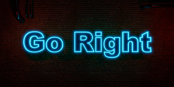 Go Left, blue neon text. Brick wall with neon sign. 3D illustration