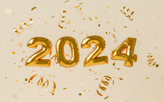 golden new year 2024 balloons with confetti around and a beige background. 3d rendering